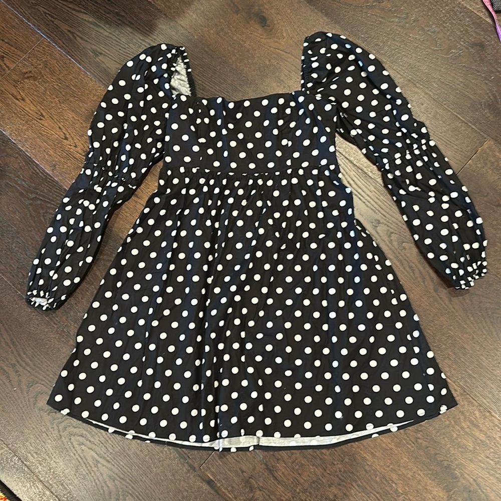 Reformation Black and White Polka Dot Mini Dress with Long Sleeves